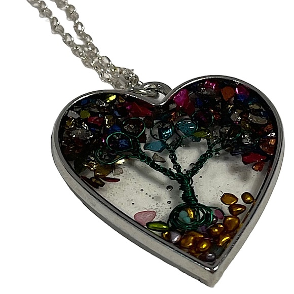 Multicolored Quartz Gemstone Tree of Life Necklace on Silver Metal Chain NEW - Picture 8 of 12